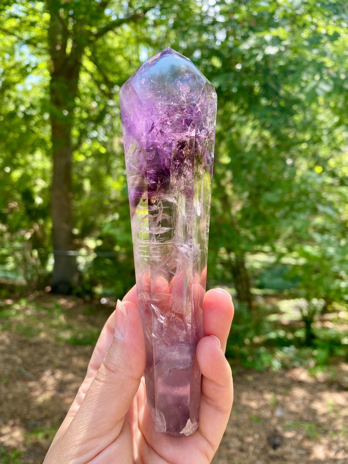 Marvelous Polished Amethyst Crystal Wand with Phantoms and Rainbows. Large Brazilian Amethyst Crystal Point.