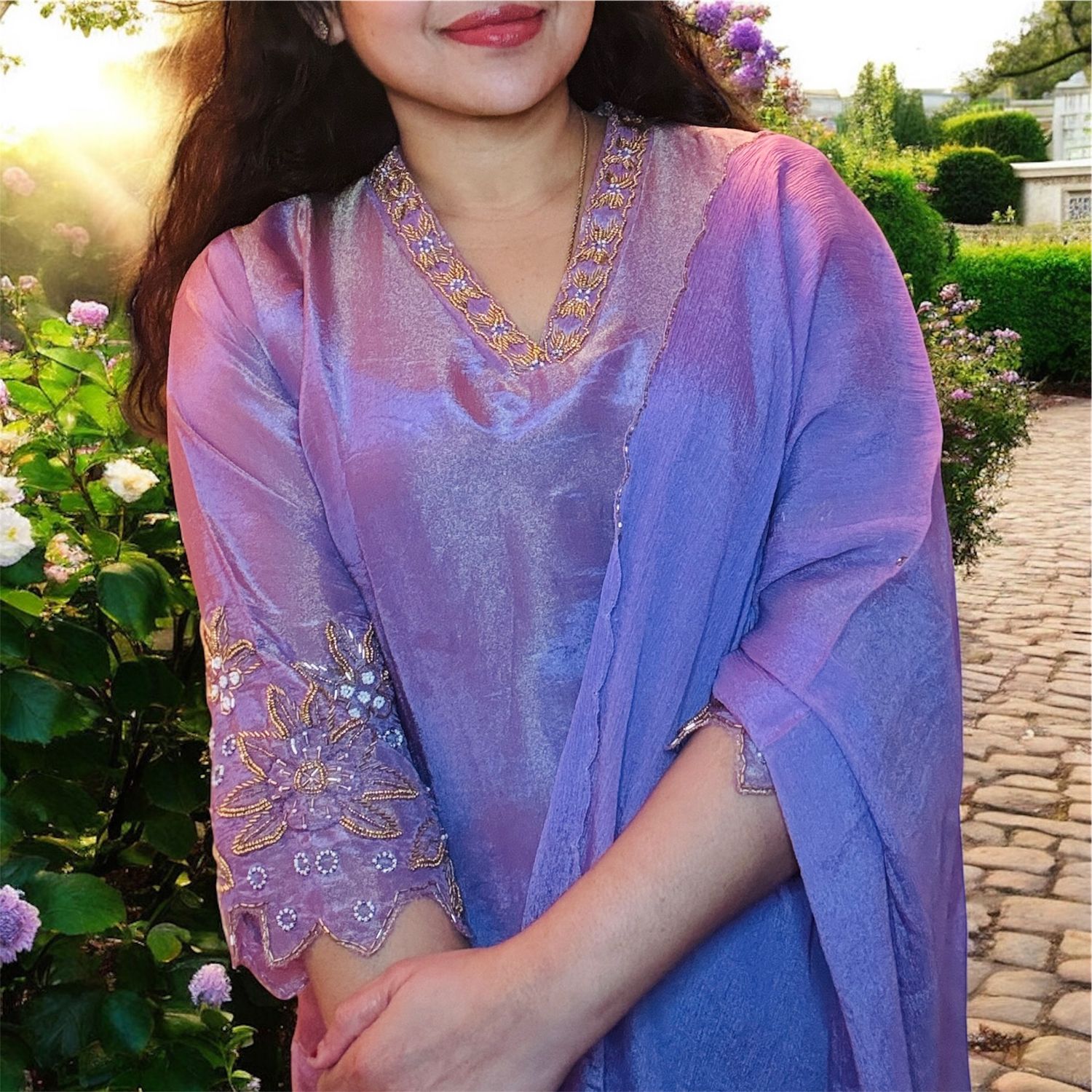 Lavender gold tissue kurti set