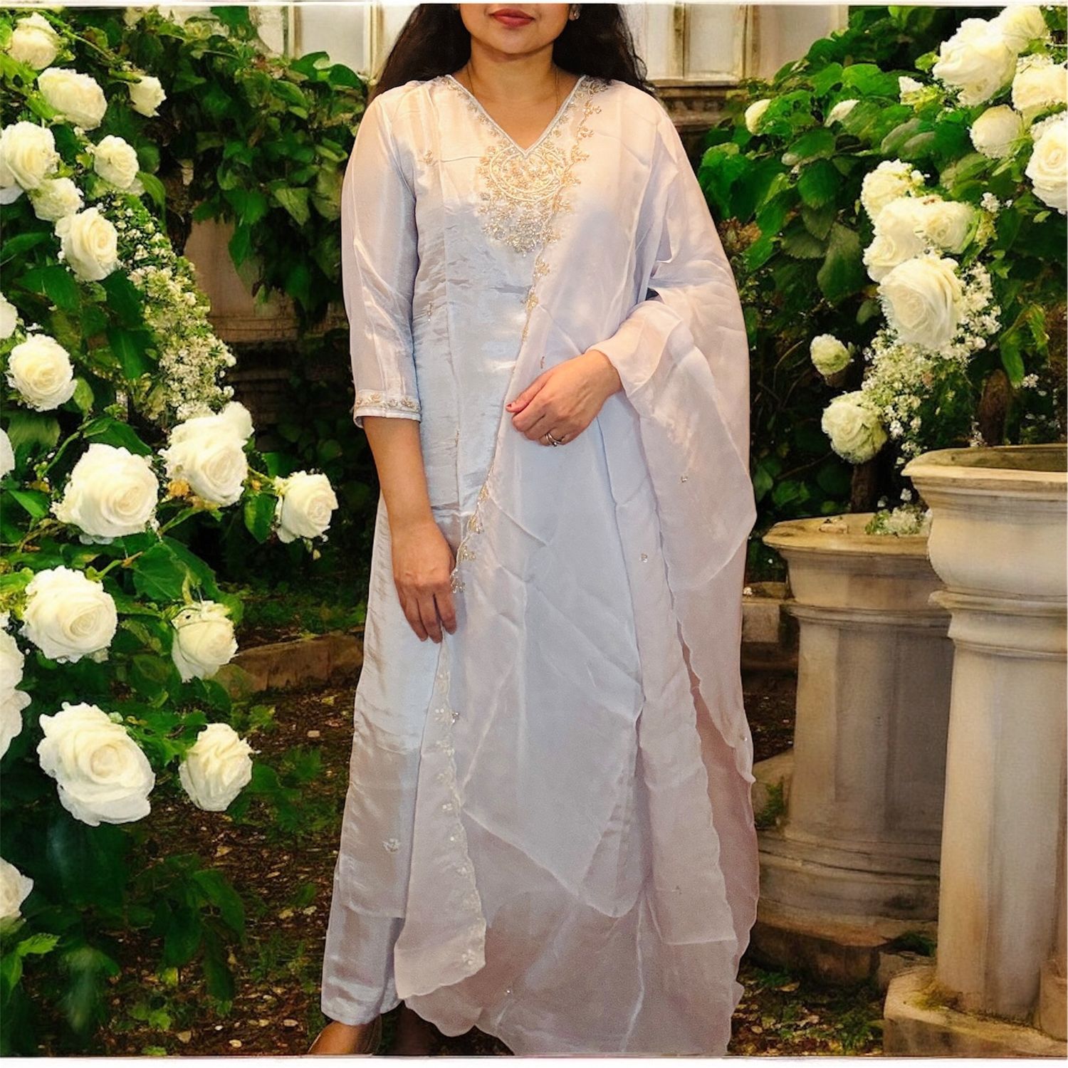 Silver tissue kurta set with organza dupatta