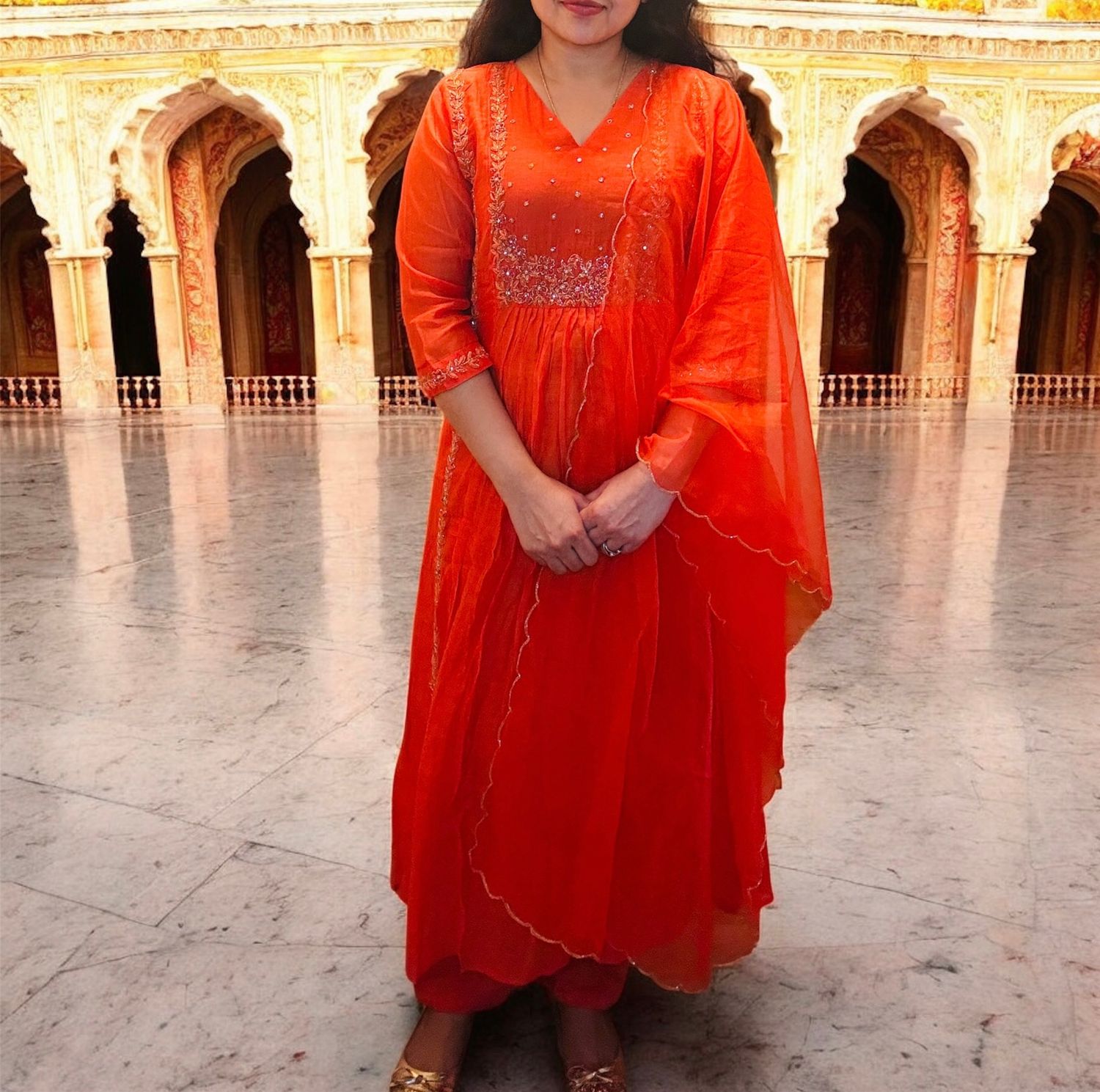 Elegant Orange Ethnic Set in Mulchanderi