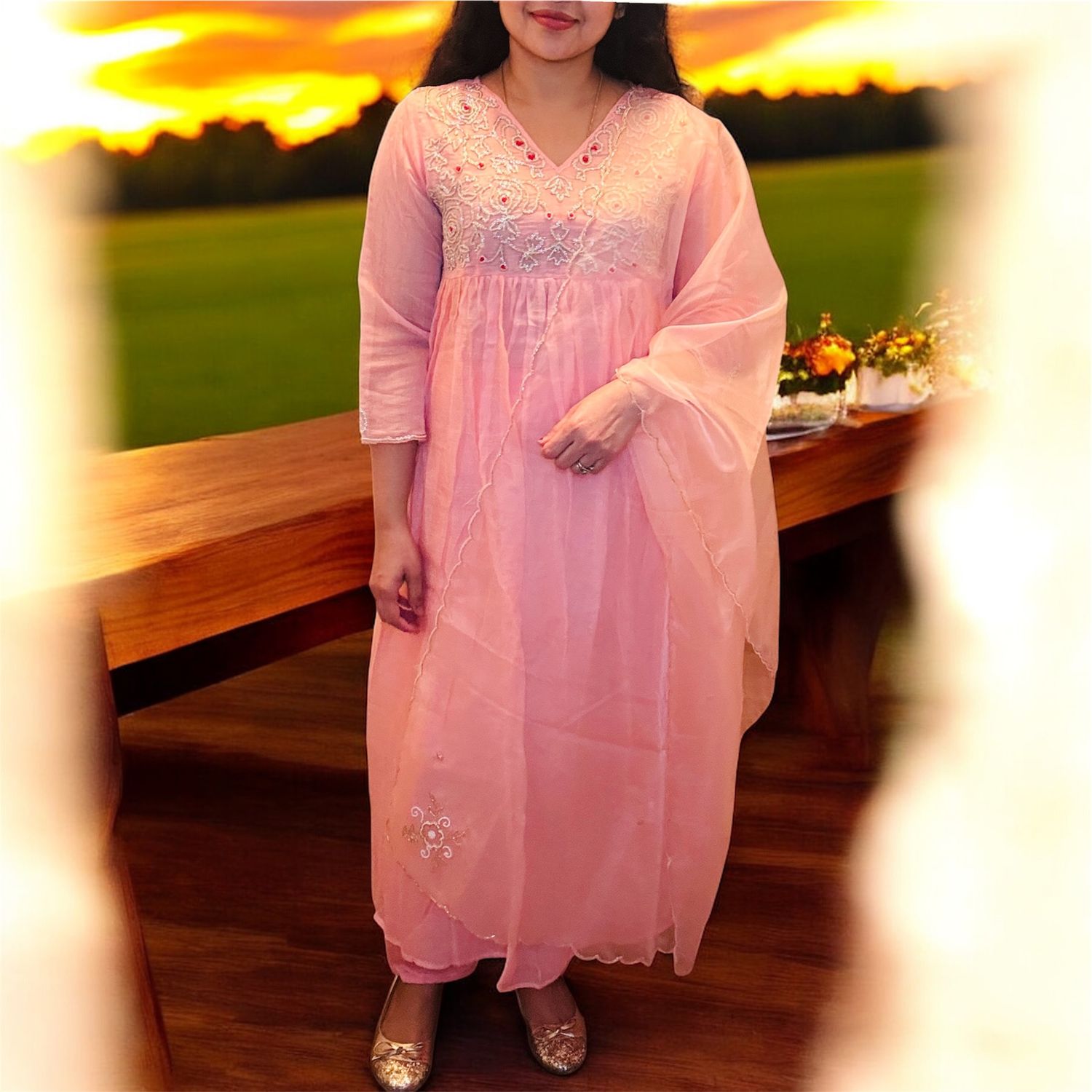 Peach Mulchanderi Ensemble with Bead Embroidery