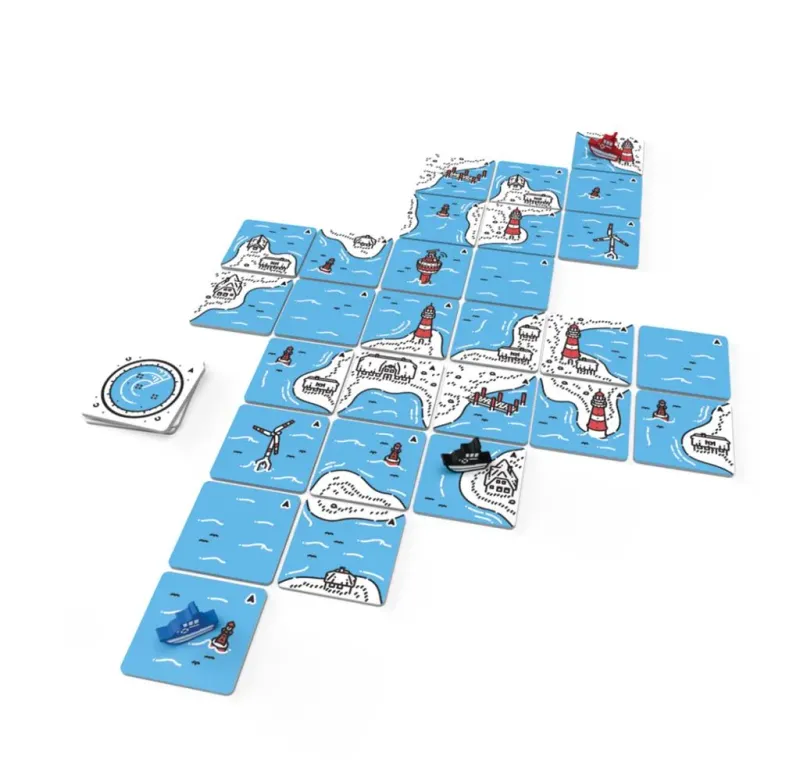 Beacon Patrol game tiles laid out, featuring blue sea and island tiles with lighthouses, ships, and navigation elements on a white background.