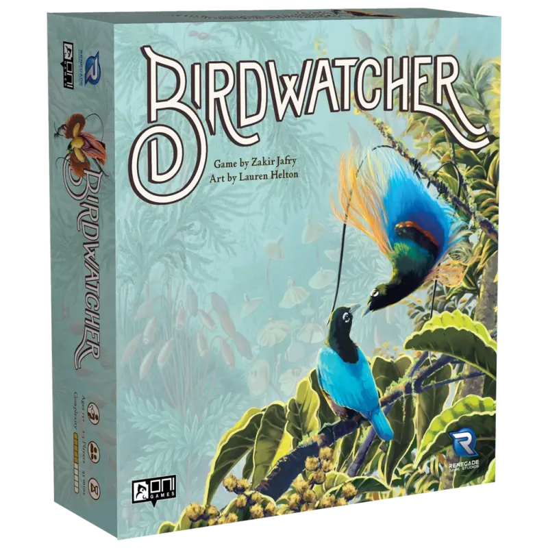 Box for board game Birdwatcher, featuring a pair of vibrantly colored birds of paradise perched on a branch