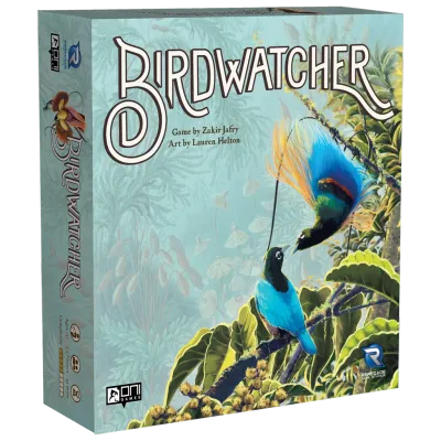 Box for board game Birdwatcher, featuring a pair of vibrantly colored birds of paradise perched on a branch