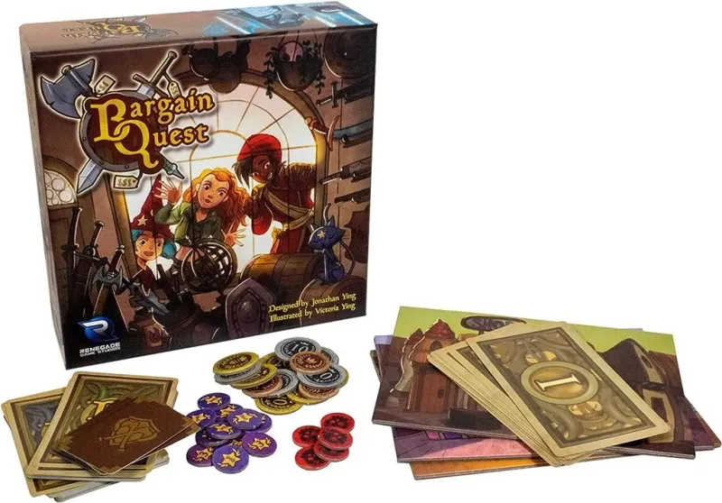 Bargain Quest board game box and components, featuring colorful cards, coins, and tokens on a white background, for 2-6 players aged 8+.