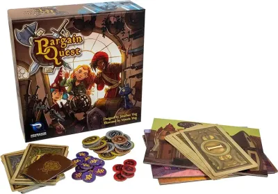 Bargain Quest board game box and components, featuring colorful cards, coins, and tokens on a white background, for 2-6 players aged 8+.