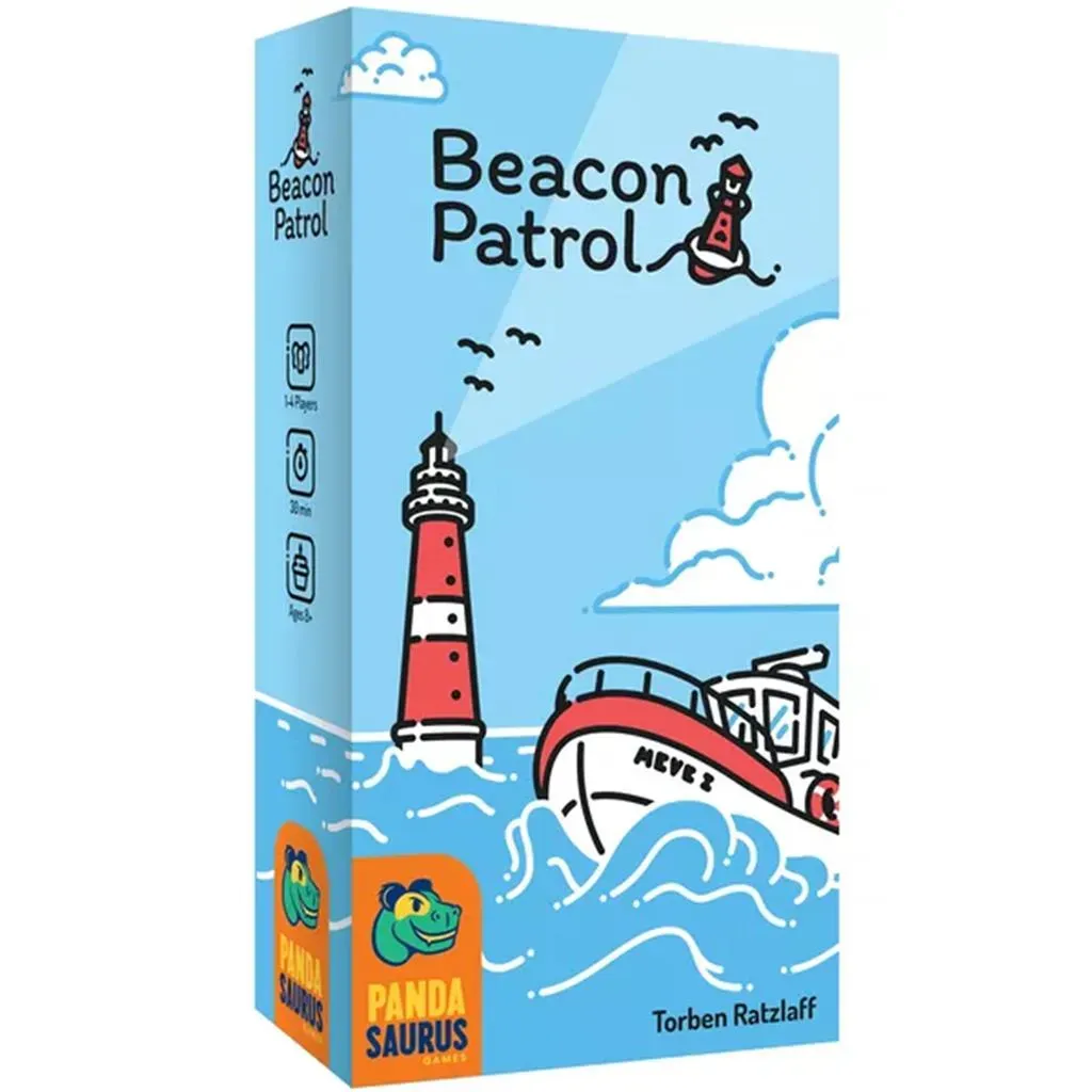 Beacon Patrol board game box, blue, with lighthouse, ship, and clouds, by Panda Saurus and Torben Ratzlaff, for 1-4 players aged 8+.