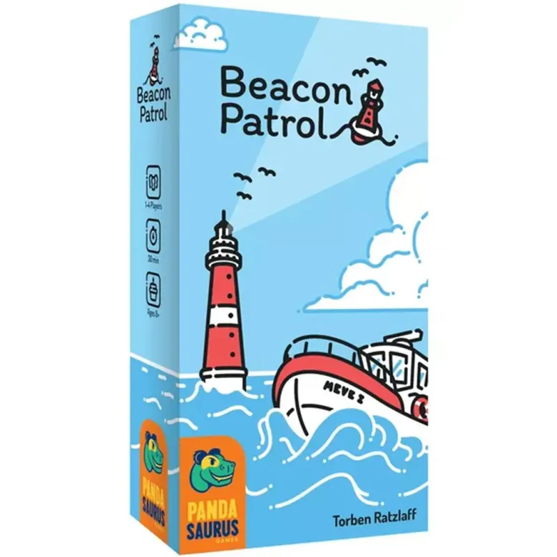 Beacon Patrol board game box, blue, with lighthouse, ship, and clouds, by Panda Saurus and Torben Ratzlaff, for 1-4 players aged 8+.