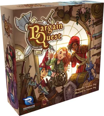 Game box for "Bargain Quest" featuring whimsical characters and fantasy-themed items amidst a cluttered workshop background.