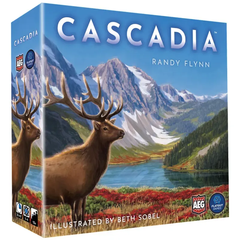 Cascadia board game box with mountain landscape, lake, and two elk, illustrated by Beth Sobel, from Alderac Entertainment Group and Flatout Games CoLab.