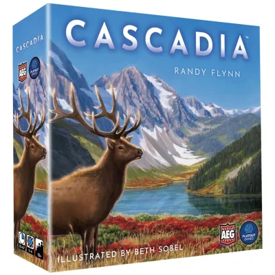 Cascadia board game box with mountain landscape, lake, and two elk, illustrated by Beth Sobel, from Alderac Entertainment Group and Flatout Games CoLab.