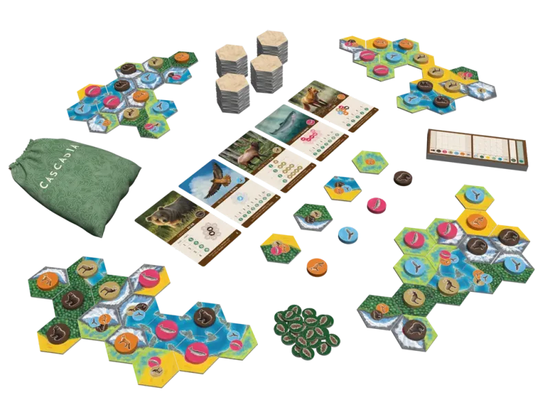 Cascadia board game components, colorful hexagonal tiles, wooden tokens, and cards on a white background, Alderac Entertainment Group product.