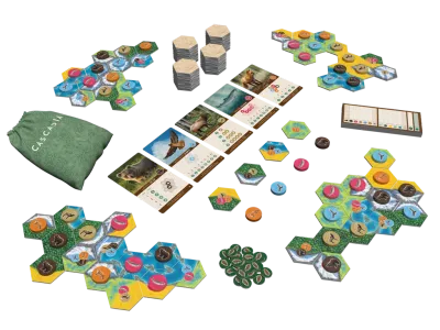 Cascadia board game components, colorful hexagonal tiles, wooden tokens, and cards on a white background, Alderac Entertainment Group product.
