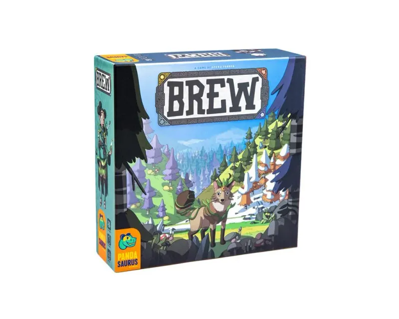 Brew board game box by Panda Saurus, featuring colorful forest scene with creatures and mystical elements, 2-4 players, ages 10+.