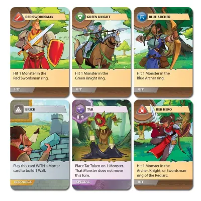 Castle Panic game cards featuring Red Swordsman, Green Knight, Blue Archer, Brick, Tar, and Red Hero characters with illustrations and actions.