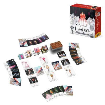 Couture board game components, including box, cards, and tokens, laid out on a white background, showcasing fashion auction game pieces.