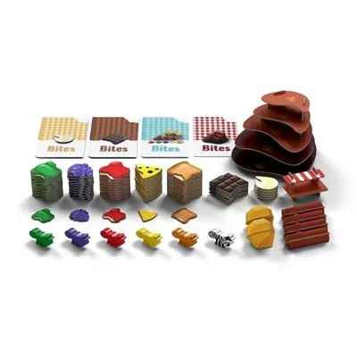 Bites game components, colorful food tokens, and modular rule cards arranged with brown game pieces on a white background, showcasing strategy board game.