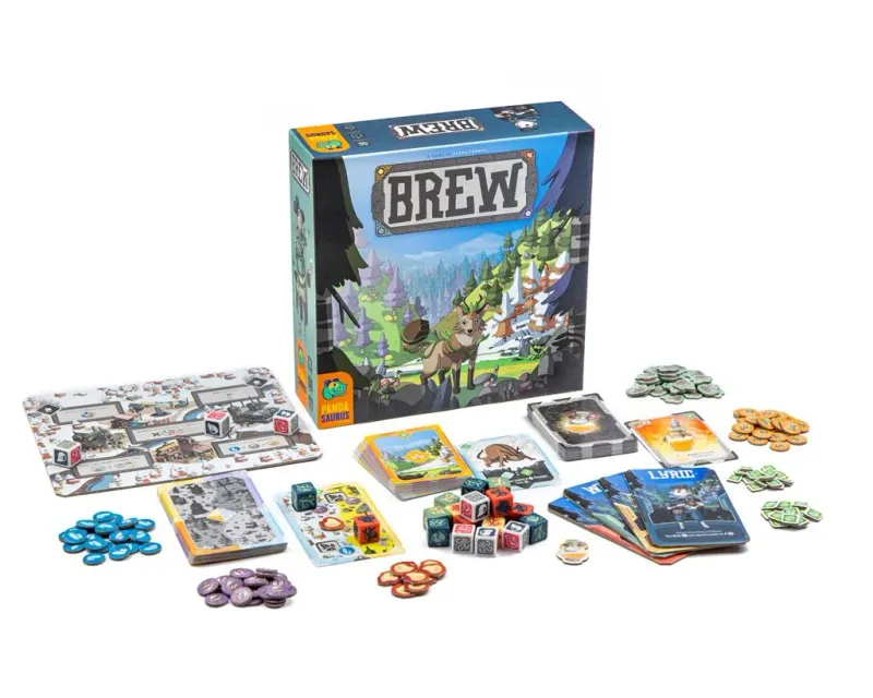 Brew board game components, including box, cards, dice, and tokens, laid out on a white background, showcasing colorful game pieces and packaging.