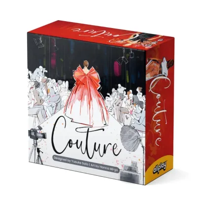 Couture board game box, red and white design, fashion theme,  illustrated model on catwalk, Allplay logo, designed by Yusuke Sato.