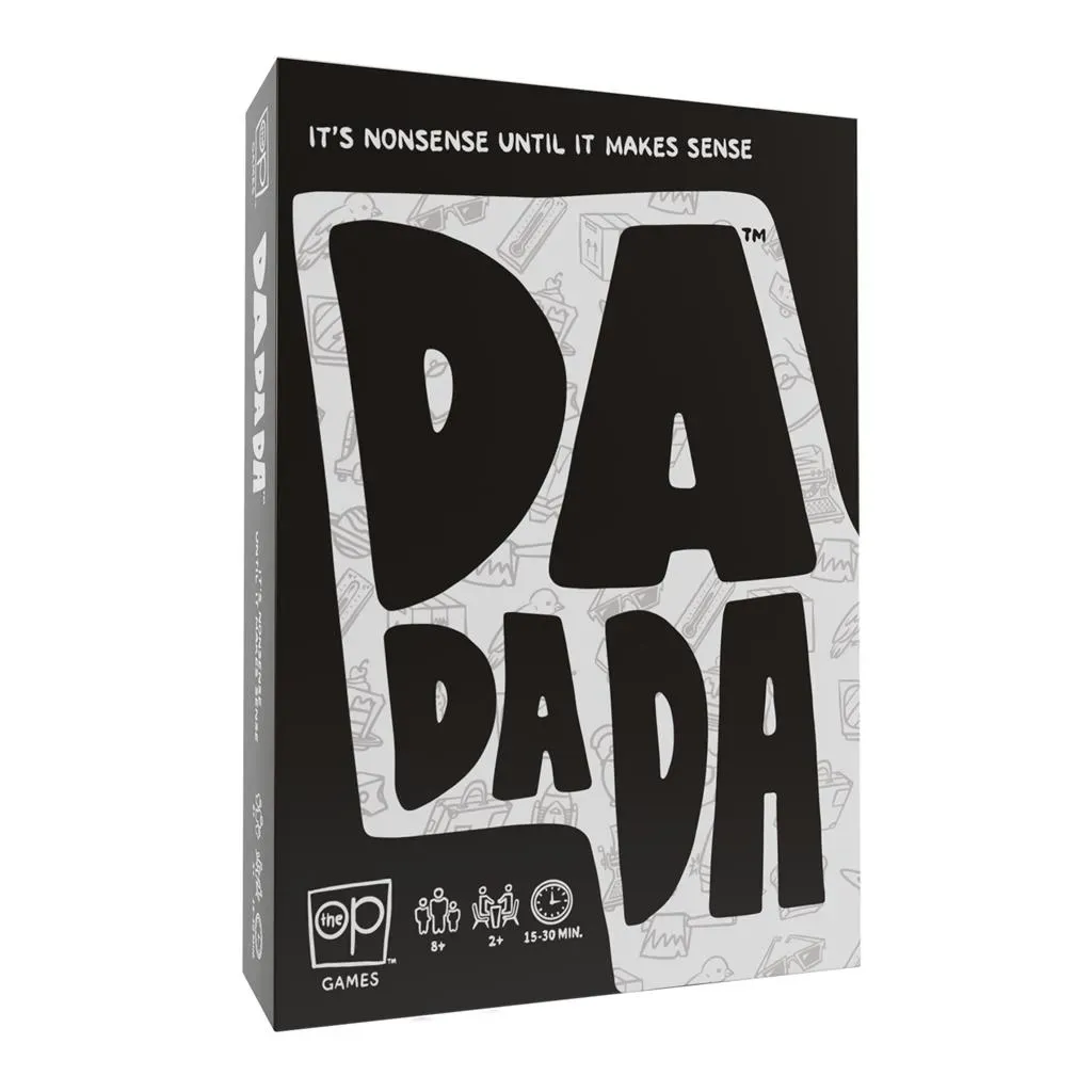 Dadada board game box by The OP Games, black and white, 2+ players, 8+ age, 15-30 minutes duration, party game.