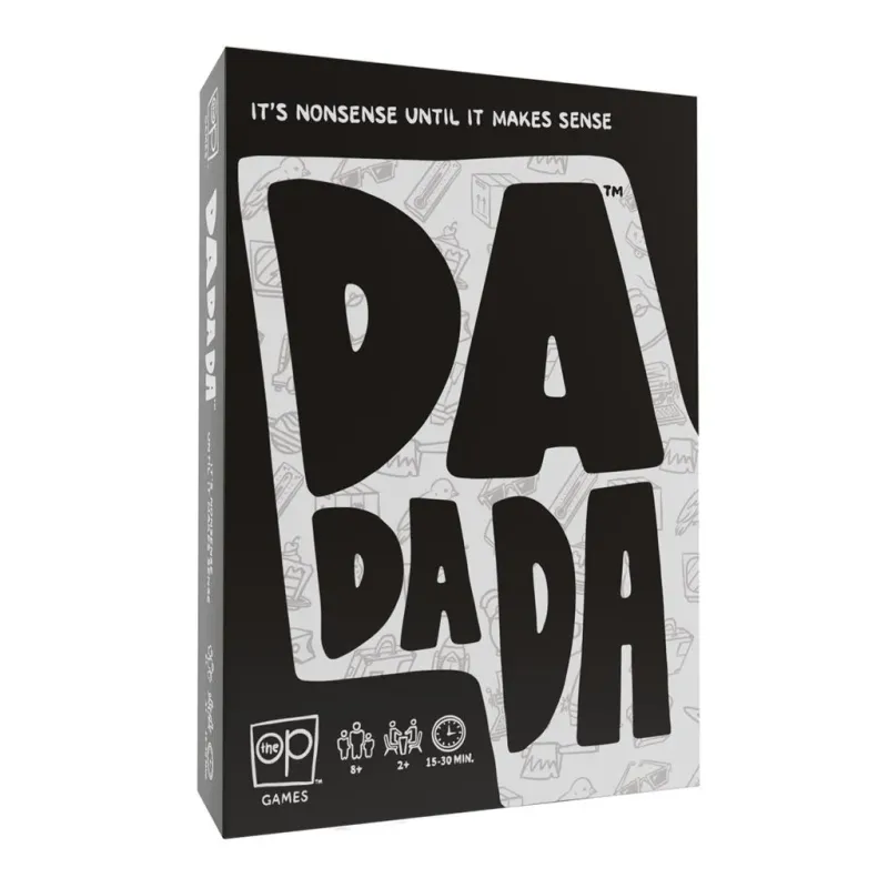 Dadada board game box by The OP Games, black and white, 2+ players, 8+ age, 15-30 minutes duration, party game.