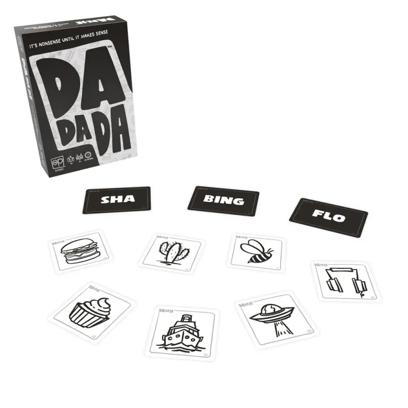 DaDaDa game box and cards with illustrations of hamburger, cupcake, submarine, UFO, cactus, bee, and headphones on white background.