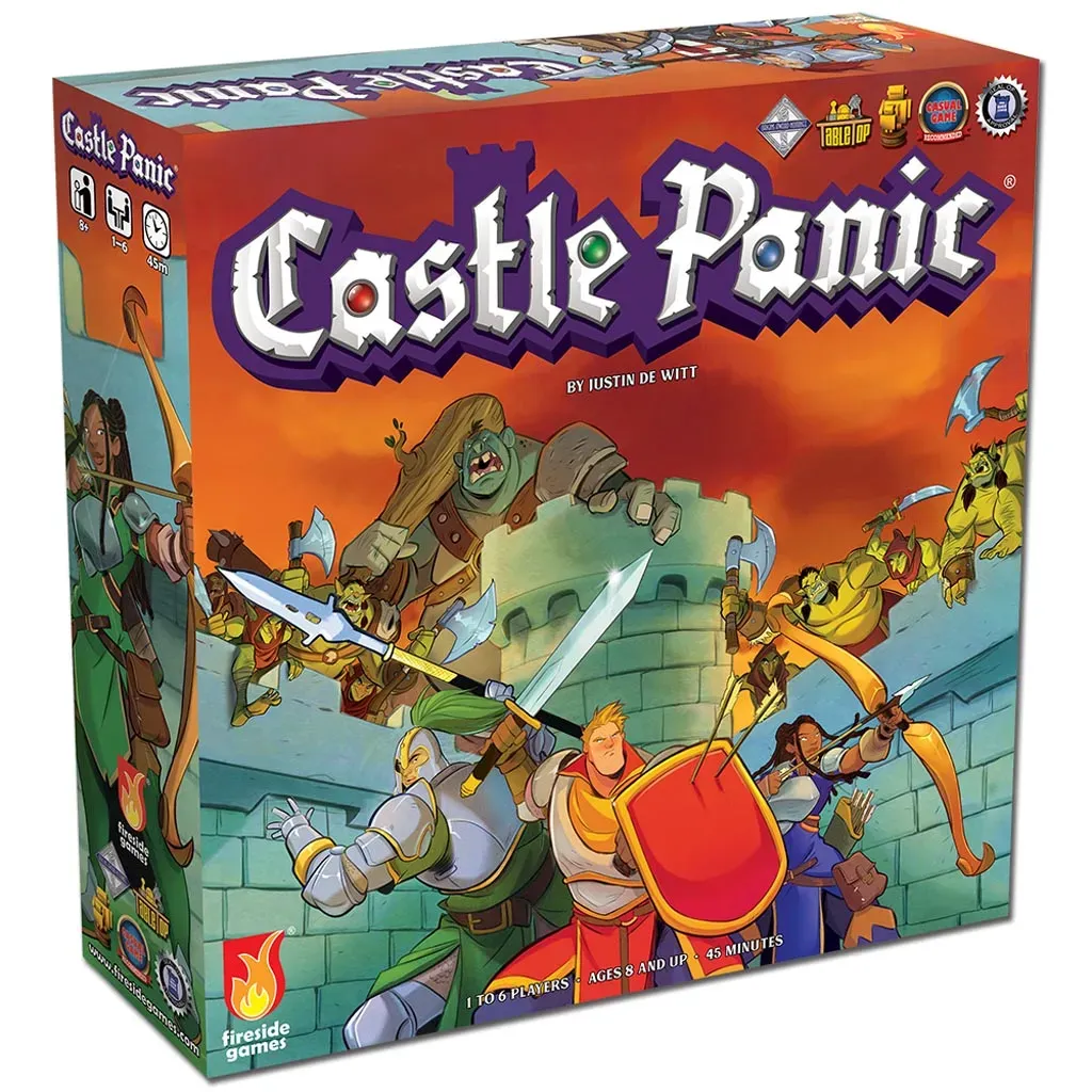 Castle Panic board game box, Fireside Games, featuring medieval characters defending a castle from monsters, orange and purple hues.
