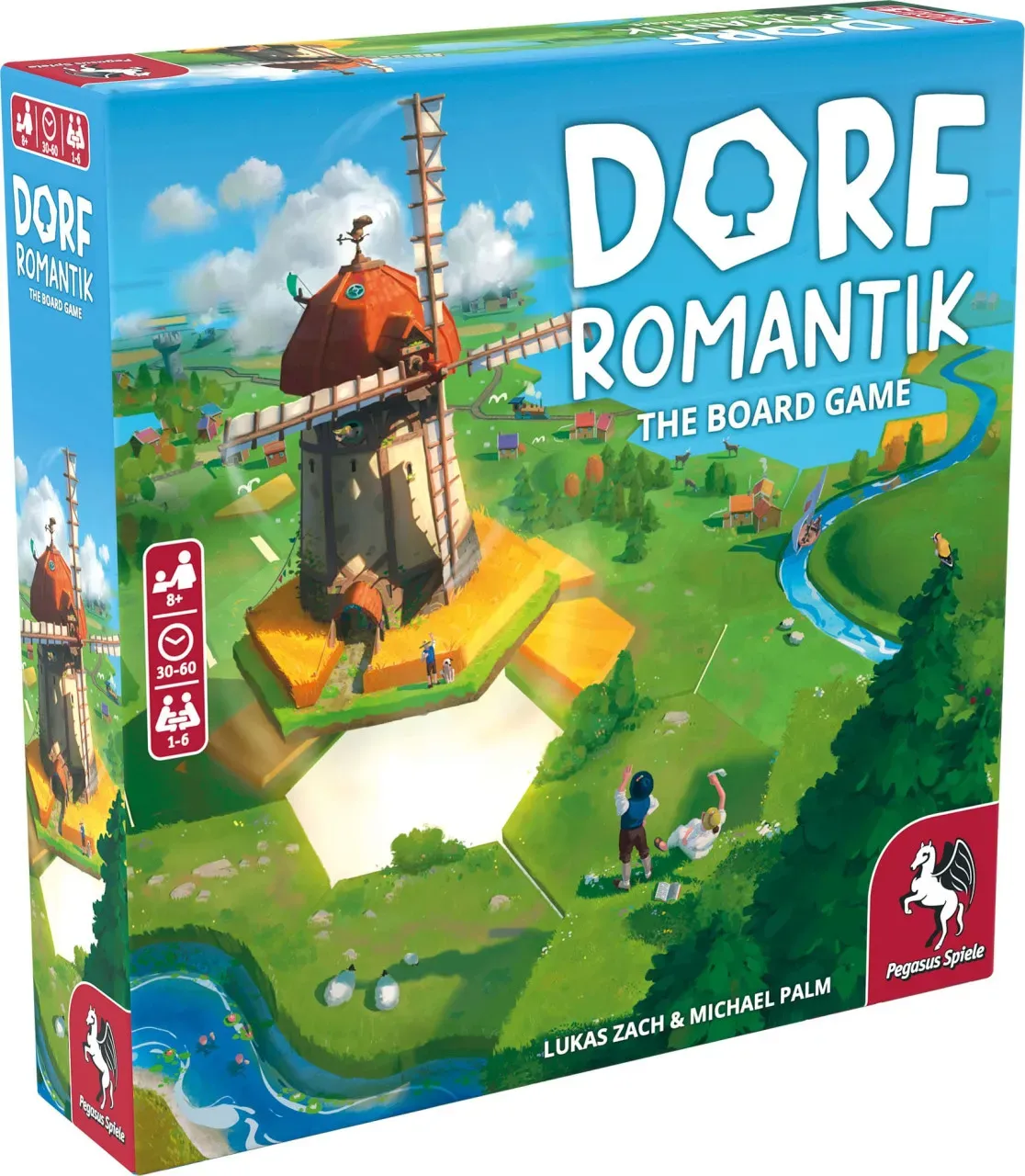 Dorf Romantik board game box with colorful illustration of windmill, river, and green landscape, featuring the game's title and logo prominently.