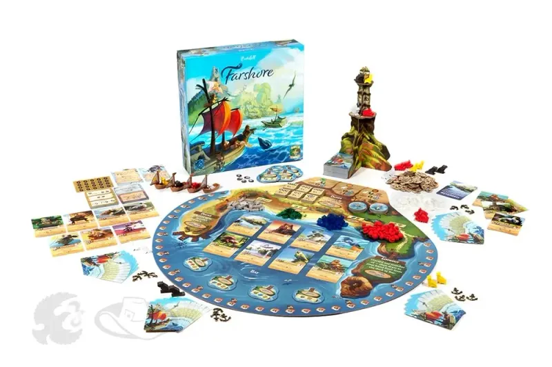 Everdell: Farshore board game components and box, featuring a blue game board with cards, tokens, and wooden pieces on a white background.