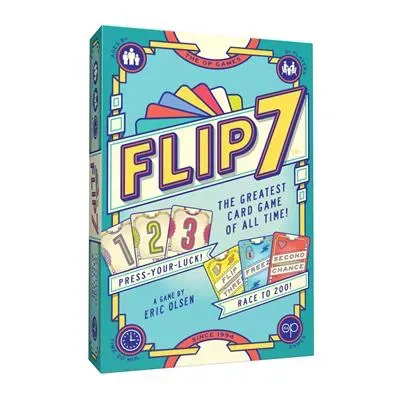 Flip 7 card game box, colorful design with yellow title, blue background, and cards with numbers 1, 2, 3, recommended age 8+.