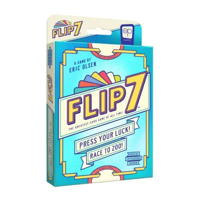 Flip 7 card game box, blue and yellow design, by Eric Olsen, for 3+ players, ages 8+, 20-minute playtime, OP Games logo.