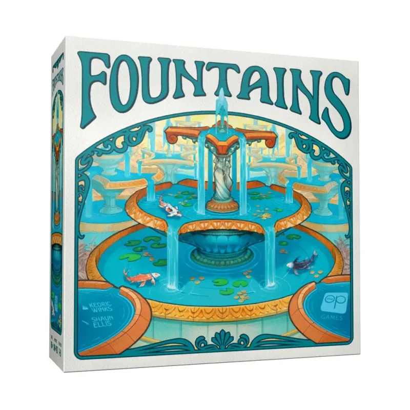 Fountains board game box featuring a multi-level fountain with water flowing from top to bottom, colorful tiles, and aquatic life, by Oink Games.