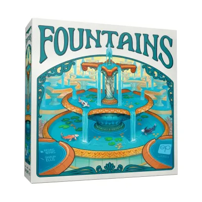 Fountains board game box featuring a multi-level fountain with water flowing from top to bottom, colorful tiles, and aquatic life, by Oink Games.