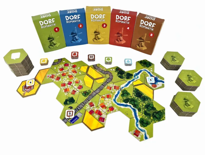 Dorfromantik board game components, including map tiles, player boards, and tokens, on a white background, showcasing colorful hexagonal game pieces.