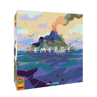 Emerge board game box by Panda Saurus, colorful island ecosystem game cover with volcano and ocean, designed by Adam DeYoung, for 2-4 players.