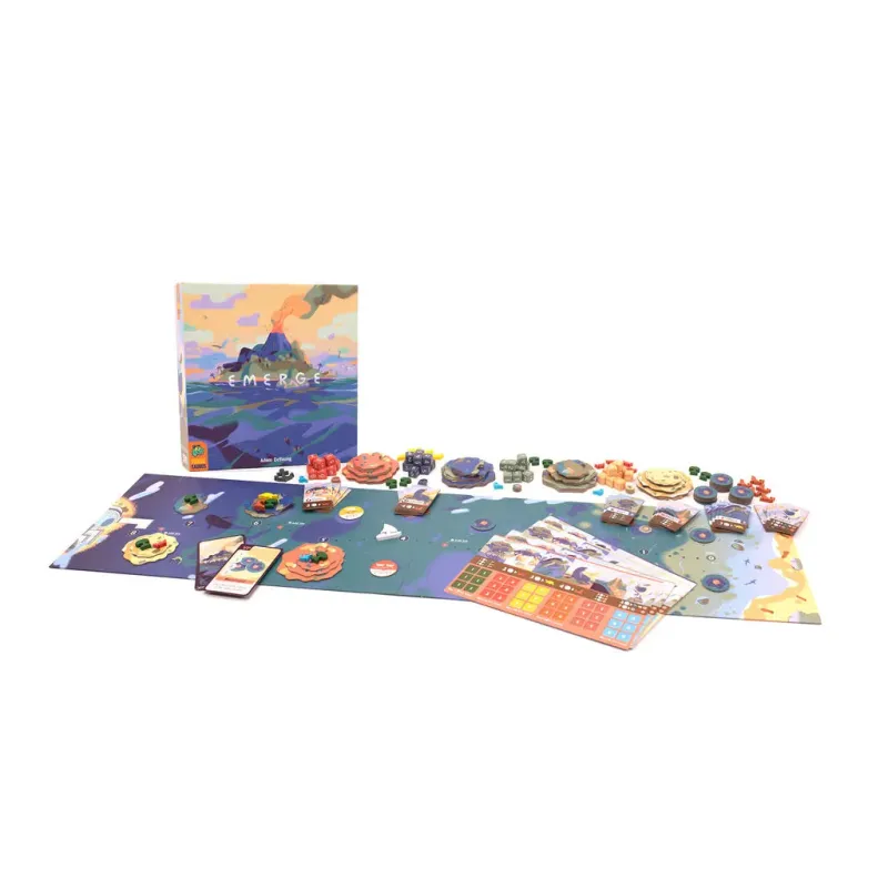 Emerge board game components and box, featuring colorful island ecosystem pieces and cards for 2-4 players aged 14+, 75-minute gameplay.