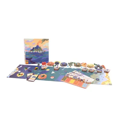 Emerge board game components and box, featuring colorful island ecosystem pieces and cards for 2-4 players aged 14+, 75-minute gameplay.