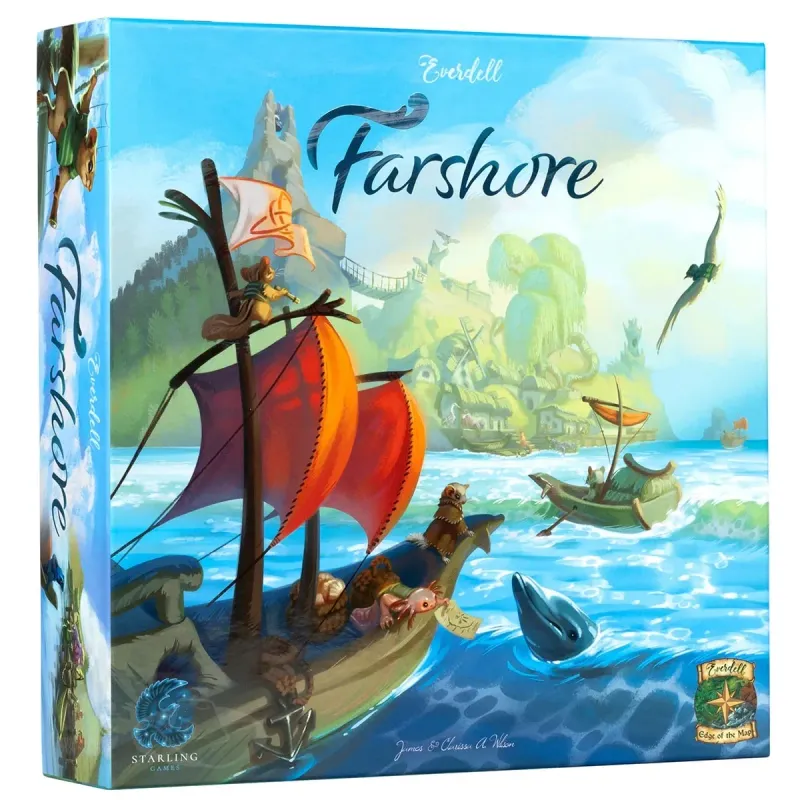Everdell Farshore board game box with sailing ships and sea creatures, blue waters and sky with island in background, by Stonemaier Games.