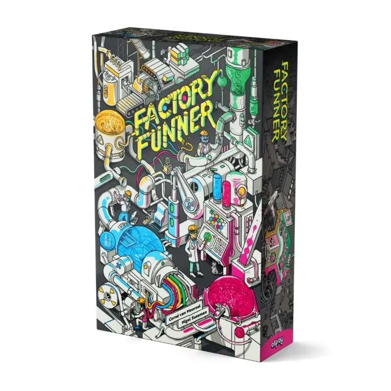 Factory Funner board game box featuring colorful industrial illustrations and quirky art with pipes, machines, and workers on a black background.