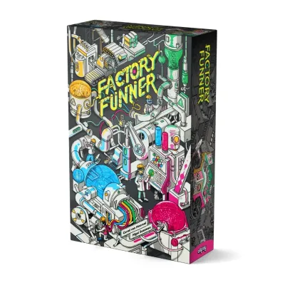 Factory Funner board game box featuring colorful industrial illustrations and quirky art with pipes, machines, and workers on a black background.