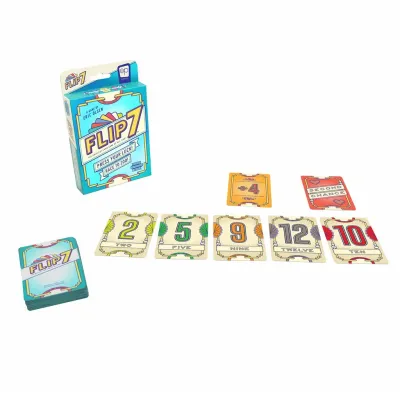Flip 7 card game box and cards, colorful numbered cards 2, 5, 9, 12, 10, and special cards, blue and white packaging.