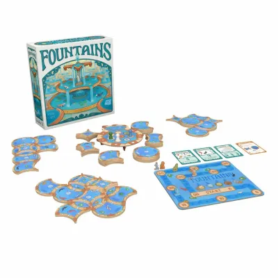 Fountains board game components and box, blue and orange tiles, player board, cards, and game pieces, for 1-5 players aged 10+.