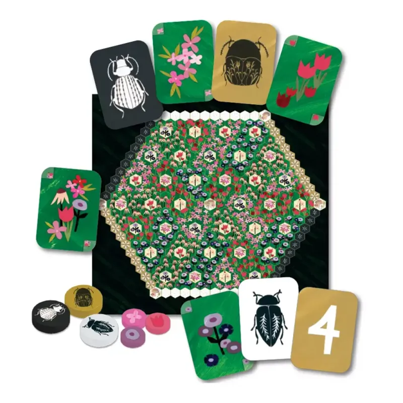 Garden Guests board game components including green floral board, colorful cards with beetles and flowers, and various game tokens and markers.