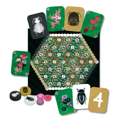 Garden Guests board game components including green floral board, colorful cards with beetles and flowers, and various game tokens and markers.