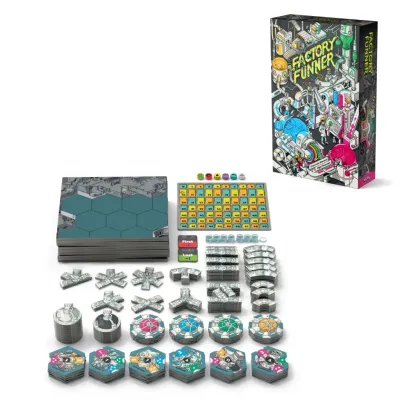 Factory Funner board game components, colorful game box, and game pieces.