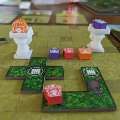 Hedge Mage game board with green tiles, white pedestals, and colorful player tokens, featuring orange, purple, and red pieces on display.