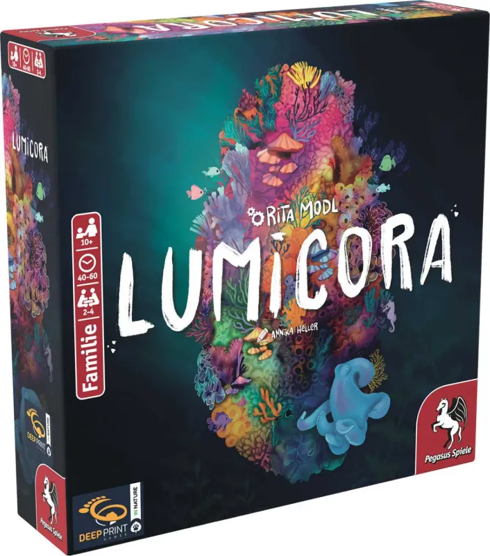 Lumicora board game box, colorful coral reef design, featuring Rita Modl, for 2-4 players, aged 10+, 40-60 minute playtime, by Pegasus Spiele.