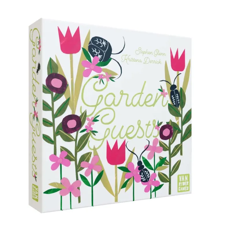 Garden Guests board game box, Van Ryder Games, featuring colorful flowers, beetles, and green text on a white background, for 2-6 players aged 8+.