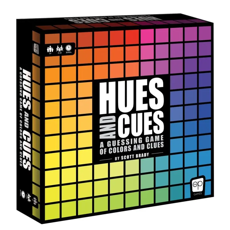 Hues and Cues board game box, colorful grid design, 3-10 players, ages 10+, 30 mins, by Scott Brady, OP Games.