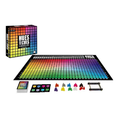 Hues and Cues board game box and components, colorful grid board, player tokens, and cards, for 3-10 players aged 10+, 30-minute gameplay.